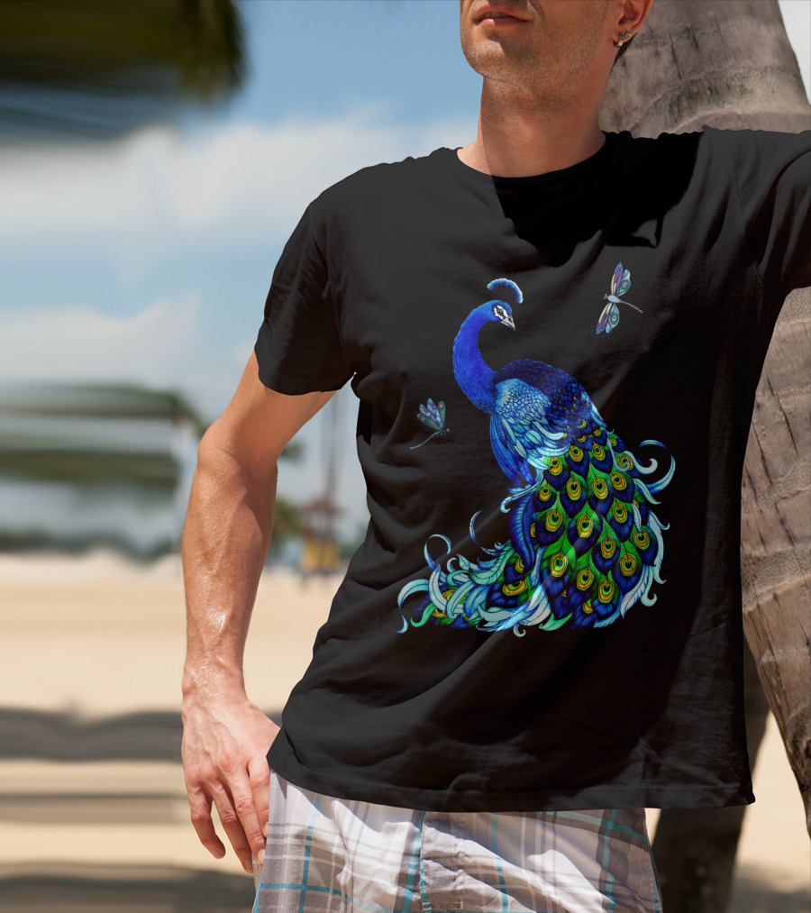 Peacock Elegance With Vibrant Dragonflies T-Shirt