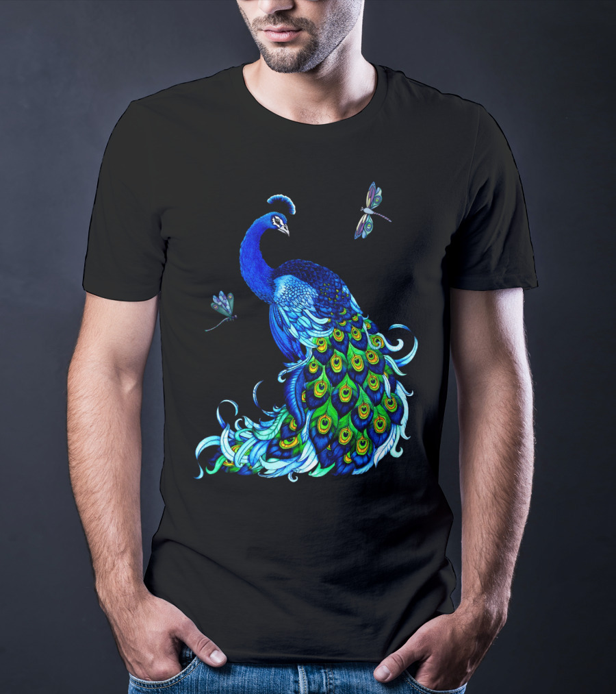 Peacock Elegance With Vibrant Dragonflies T-Shirt