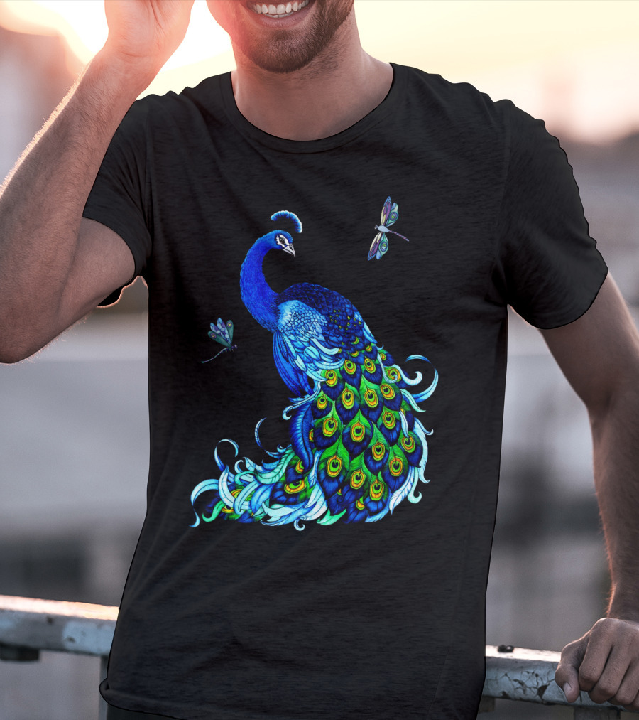 Peacock Elegance With Vibrant Dragonflies T-Shirt