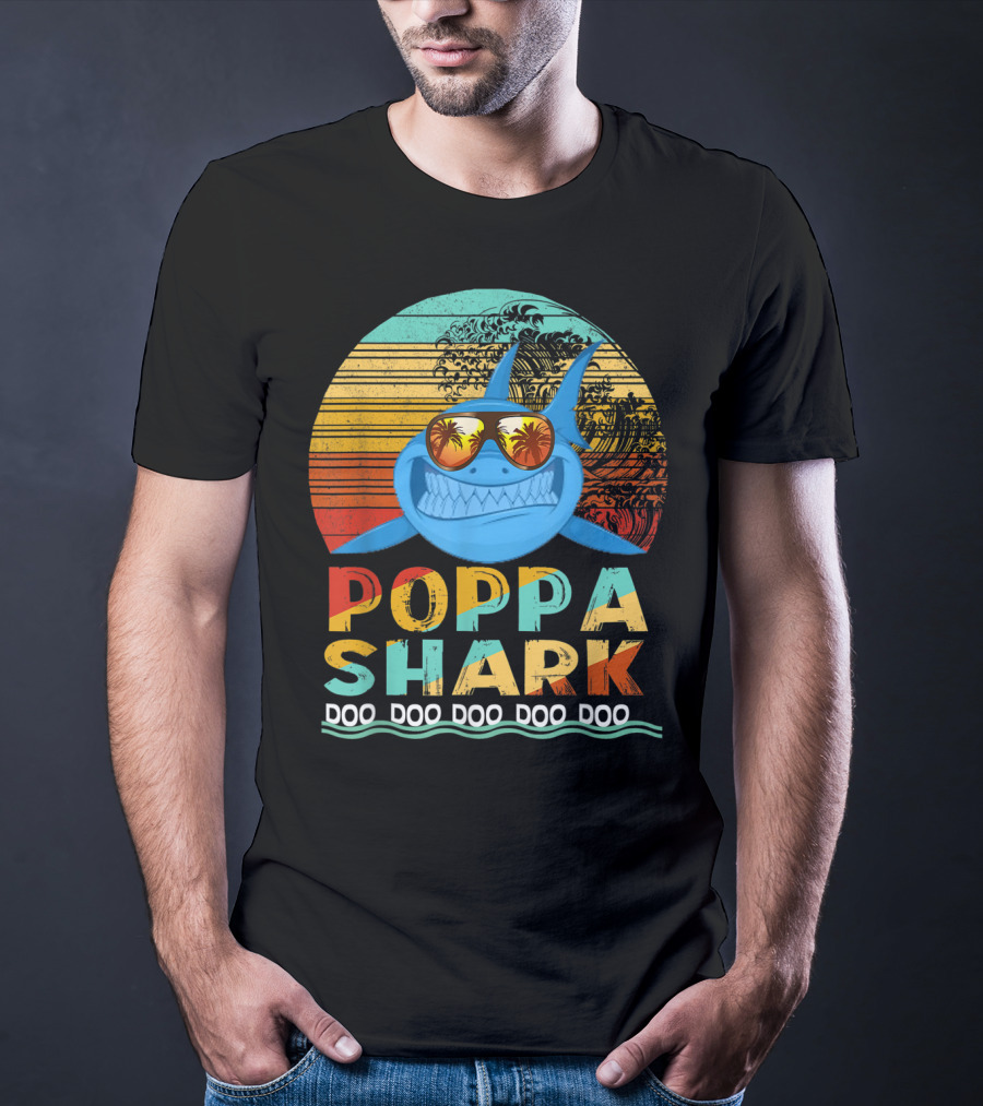 Poppa Shark Doo Doo Doo Doo Doo Retro Sunset Palm Trees Sunglasses T-Shirt