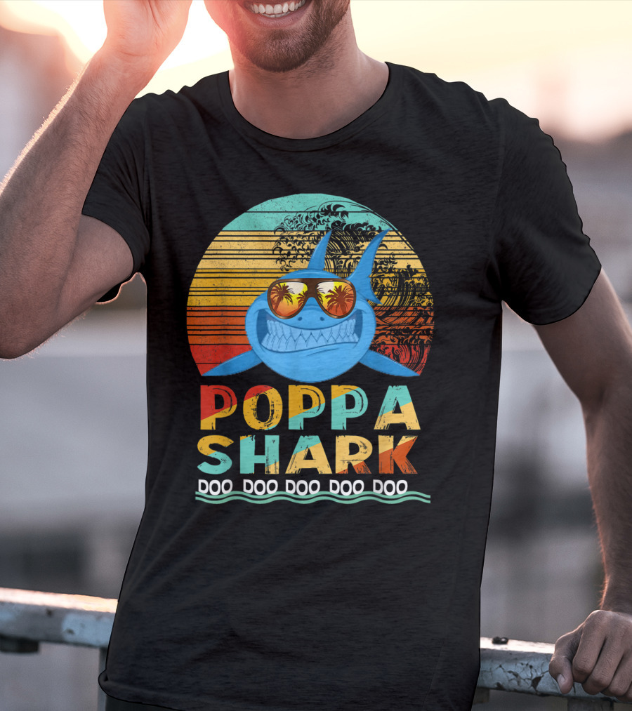 Poppa Shark Doo Doo Doo Doo Doo Retro Sunset Palm Trees Sunglasses T-Shirt