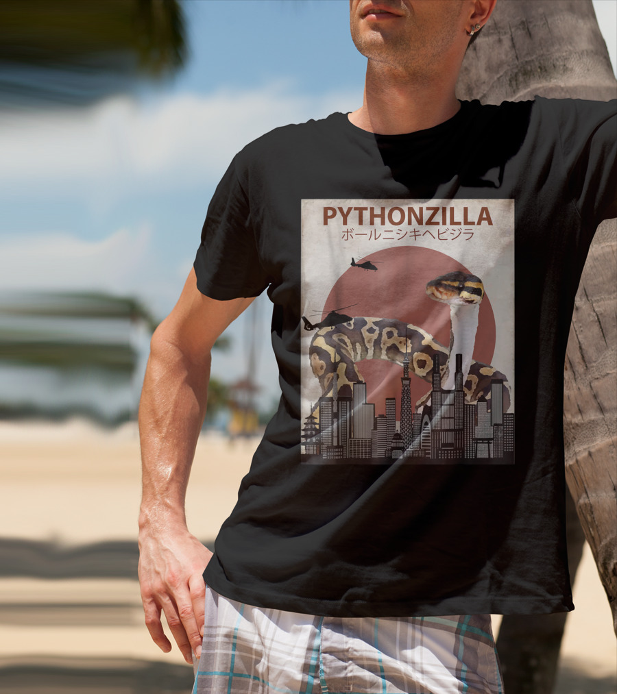 Pythonzilla Ball Python Funny Snake Skyline Helicopter Japanese Text T-Shirt