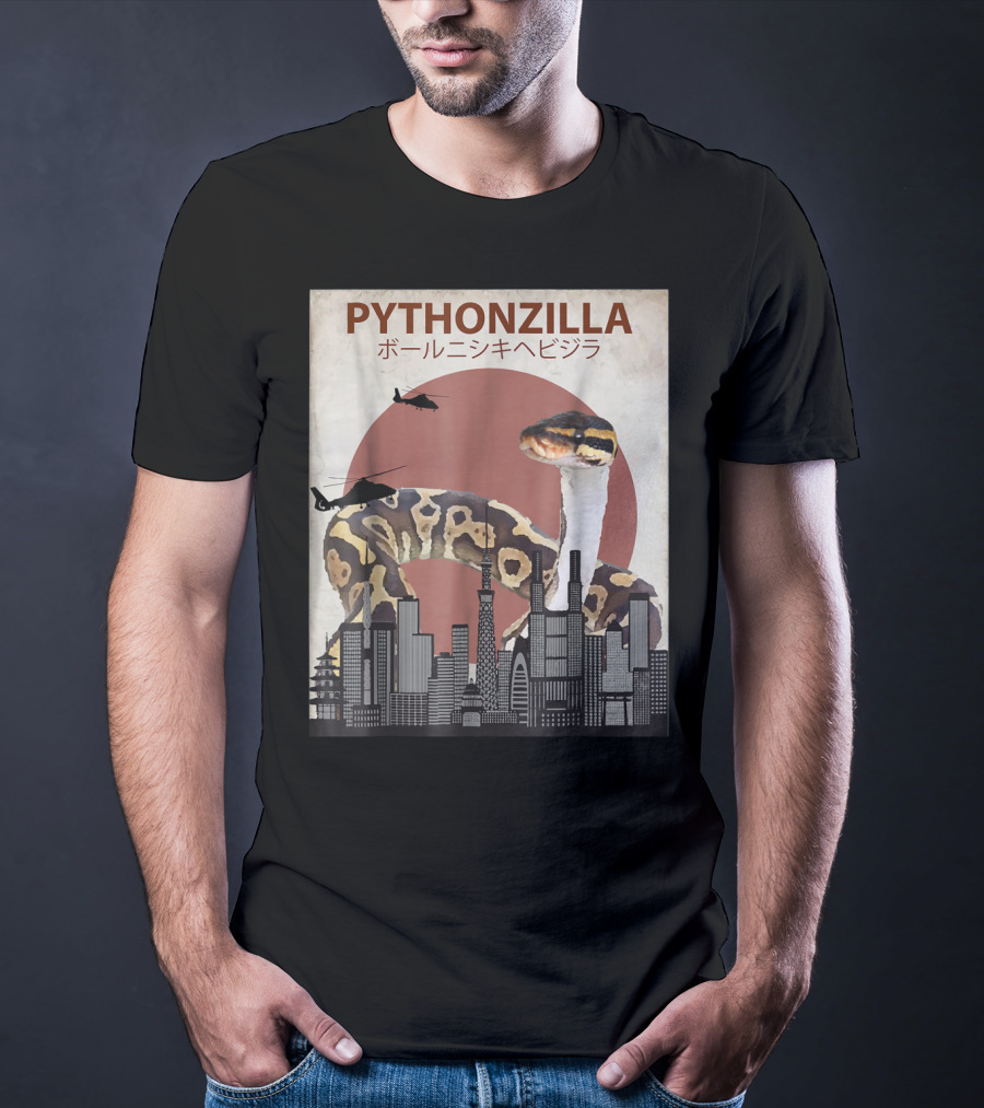 Pythonzilla Ball Python Funny Snake Skyline Helicopter Japanese Text T-Shirt