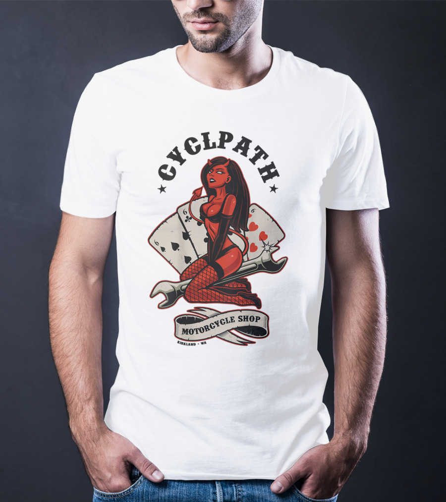 Cyclpath Red She Devil Motorcycle Shop Kirkland Poker Cards T-Shirt