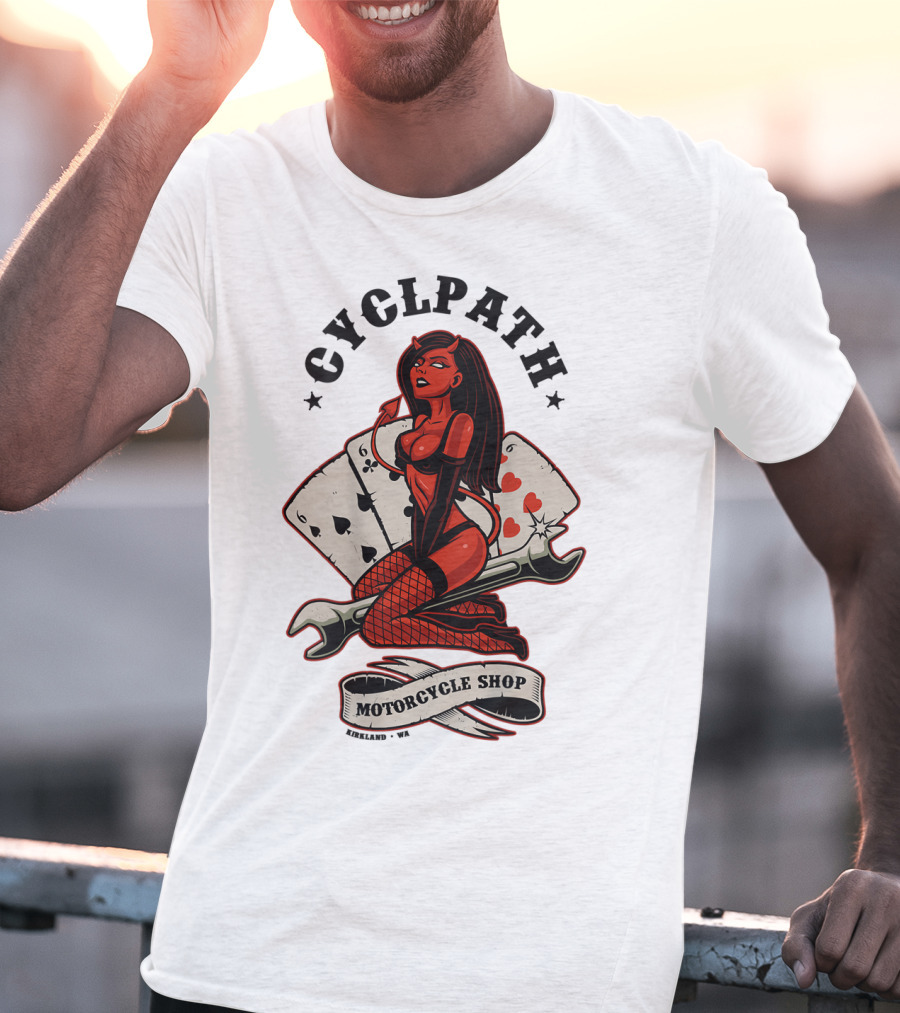 Cyclpath Red She Devil Motorcycle Shop Kirkland Poker Cards T-Shirt