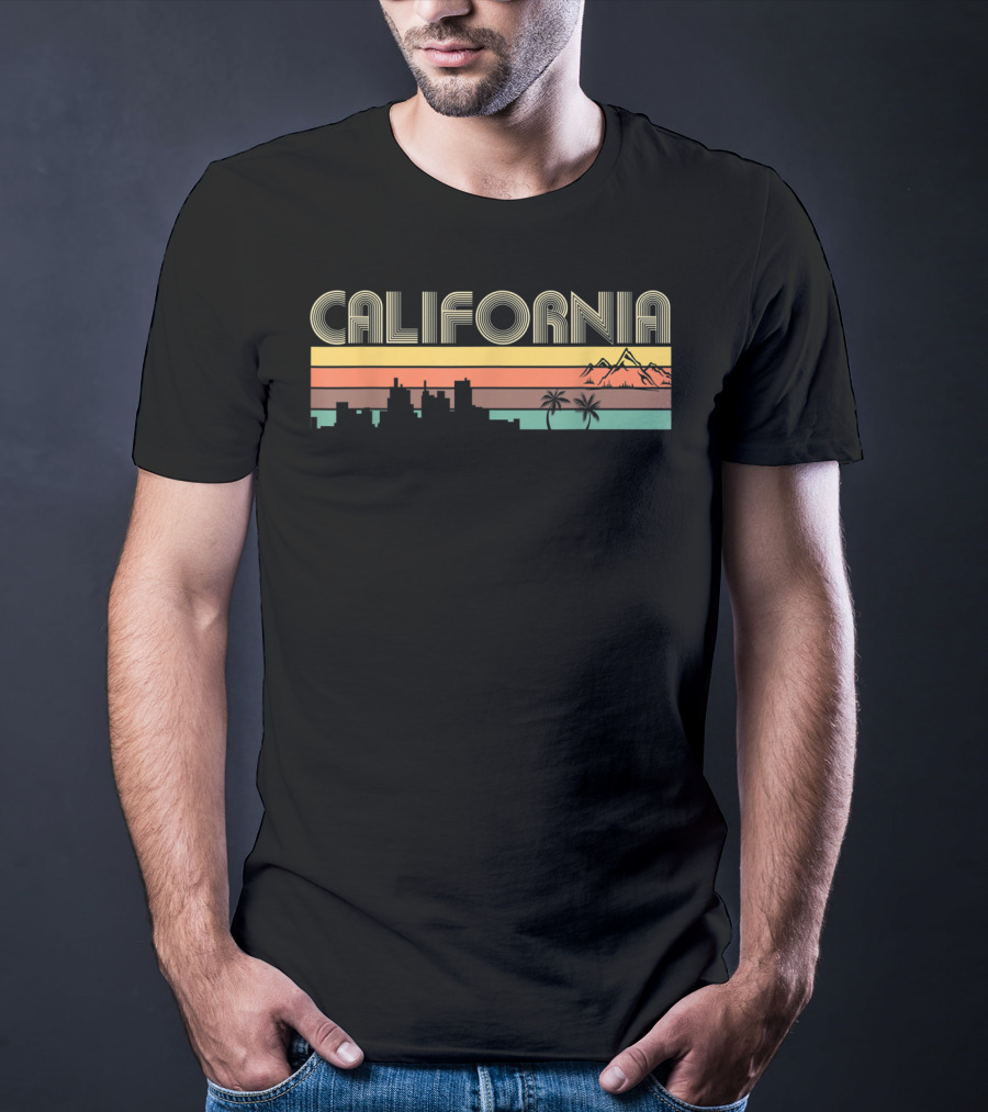 Retro Vintage California Mountains And Skyline With Palm Trees T-Shirt