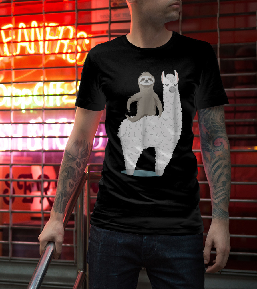 Sloth Joyfully Riding A White Llama T-Shirt