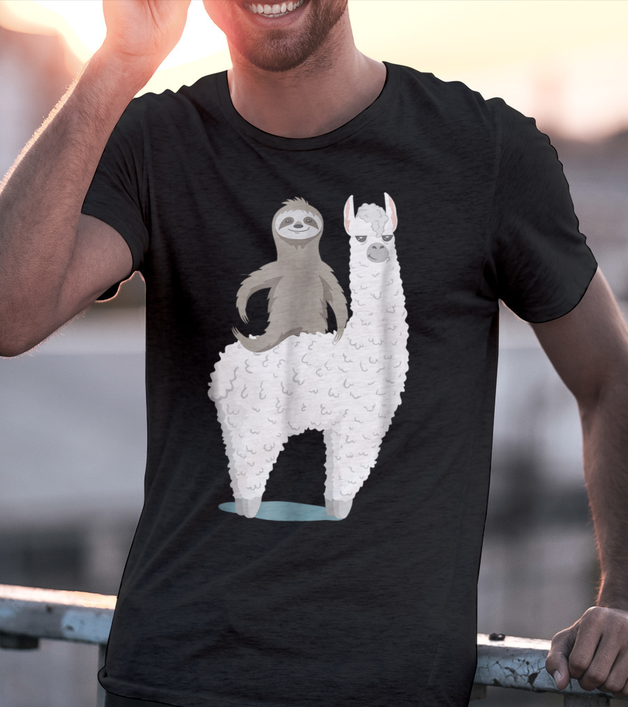 Sloth Joyfully Riding A White Llama T-Shirt