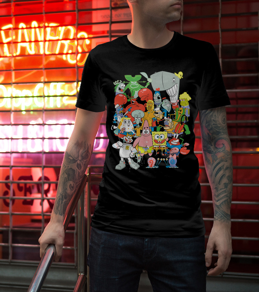 SpongeBob SquarePants Character Collage Featuring Patrick, Squidward, Sandy, Mr. Krabs, Plankton, And More T-Shirt