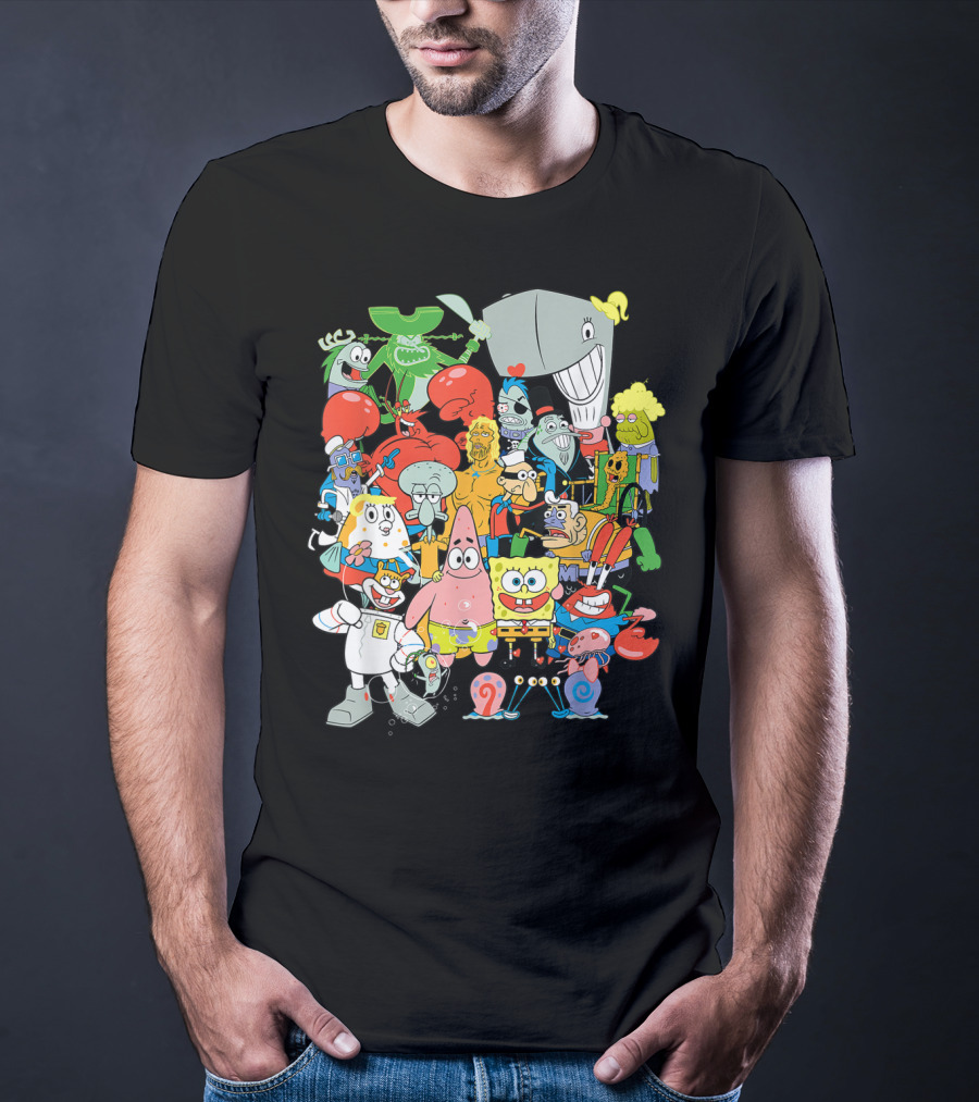 SpongeBob SquarePants Character Collage Featuring Patrick, Squidward, Sandy, Mr. Krabs, Plankton, And More T-Shirt