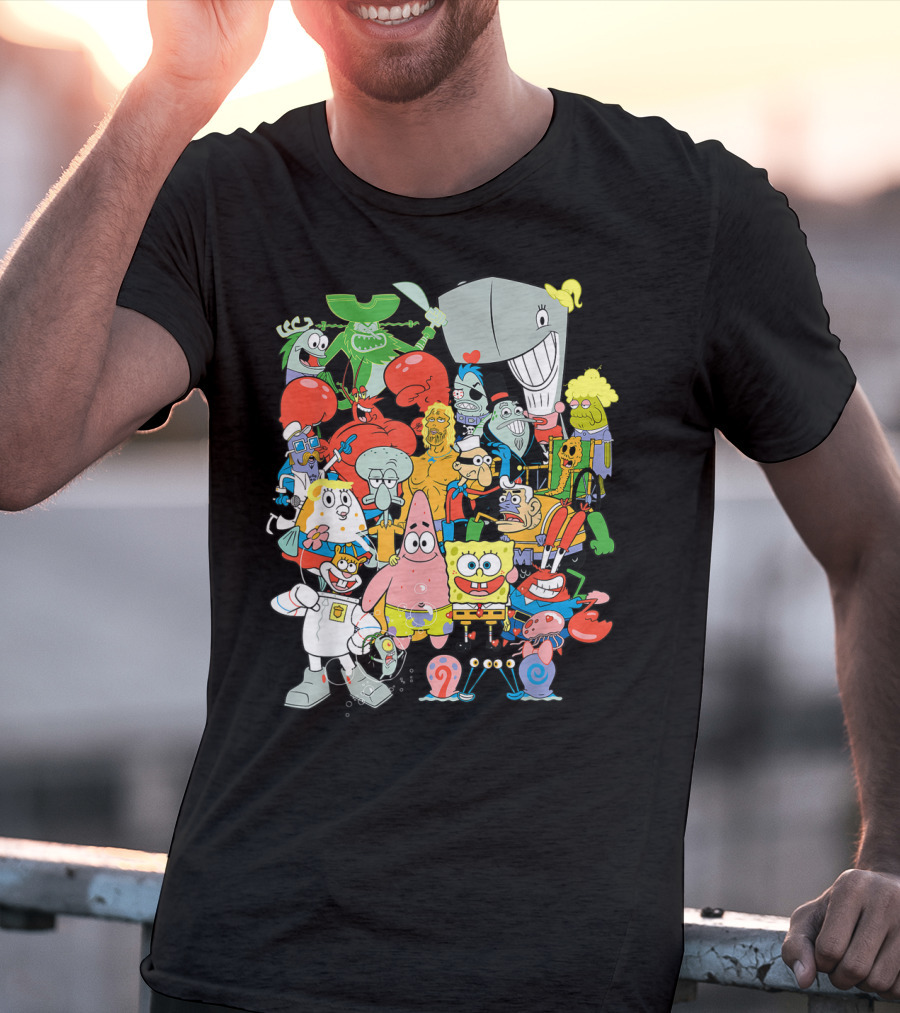 SpongeBob SquarePants Character Collage Featuring Patrick, Squidward, Sandy, Mr. Krabs, Plankton, And More T-Shirt