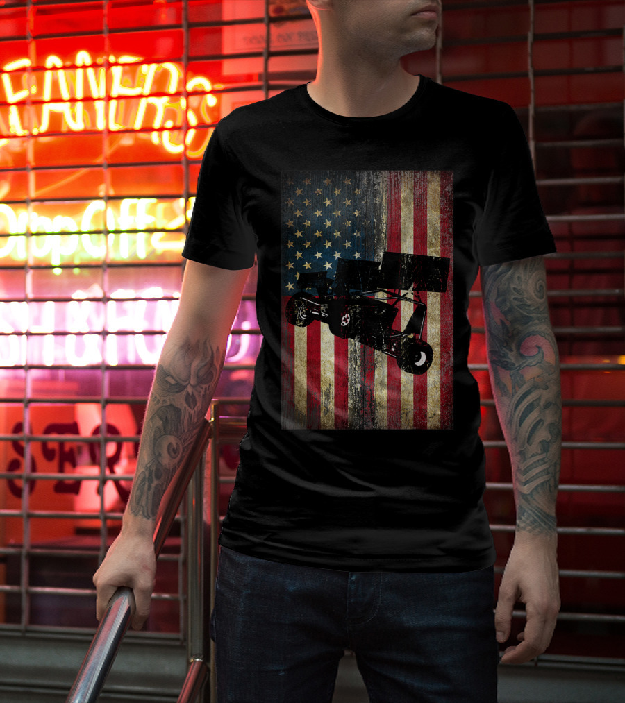 Distressed American Flag With Sprint Car Racing T-Shirt