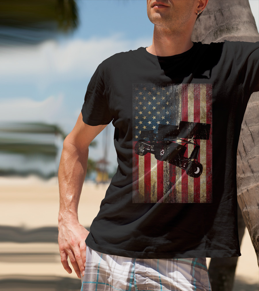 Distressed American Flag With Sprint Car Racing T-Shirt