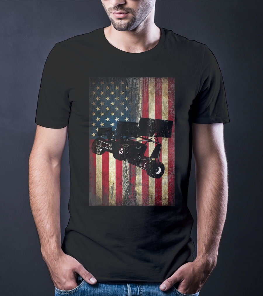 Distressed American Flag With Sprint Car Racing T-Shirt