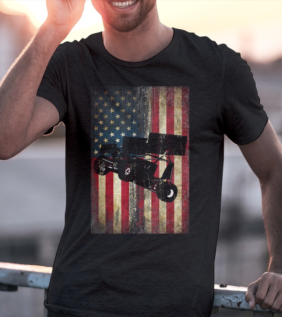 Distressed American Flag With Sprint Car Racing T-Shirt