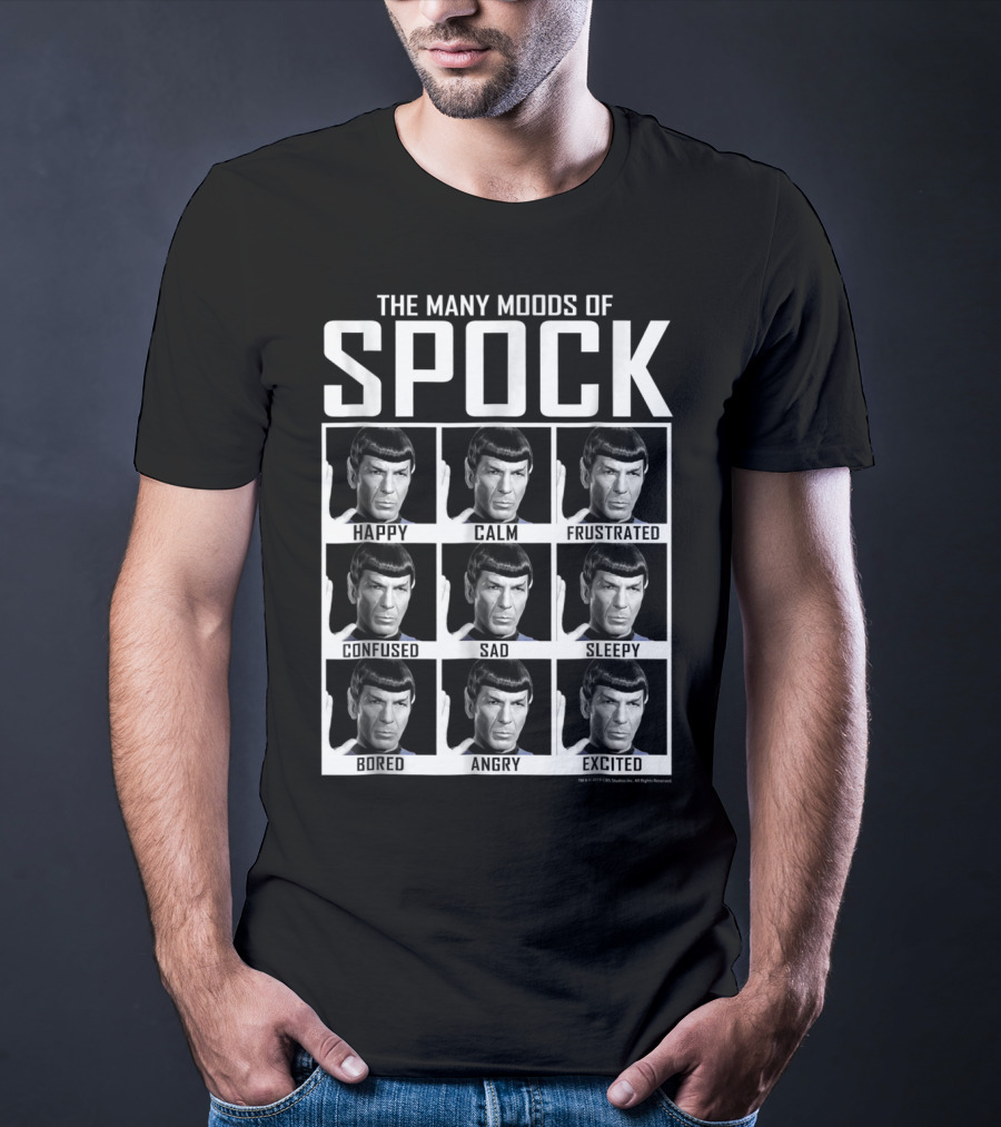 The Many Moods Of Spock: Happy Calm Frustrated Confused Sad Sleepy Bored Angry Excited T-Shirt