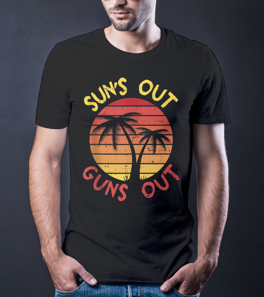 SUN'S OUT GUNS OUT Palm Beach 80s Summer Vacation Retro Tropical Sunset T-Shirt