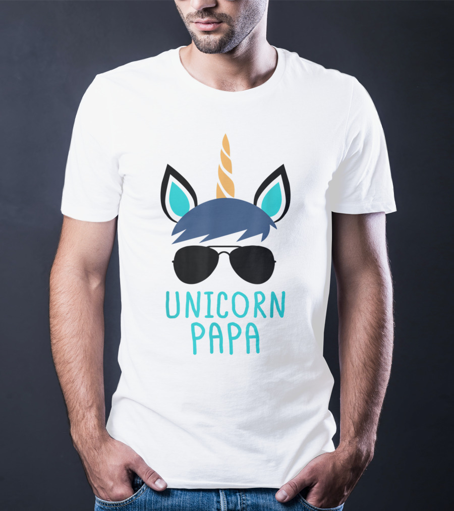 Unicorn Papa Sunglasses Blue Mane Horn Ears T-Shirt
