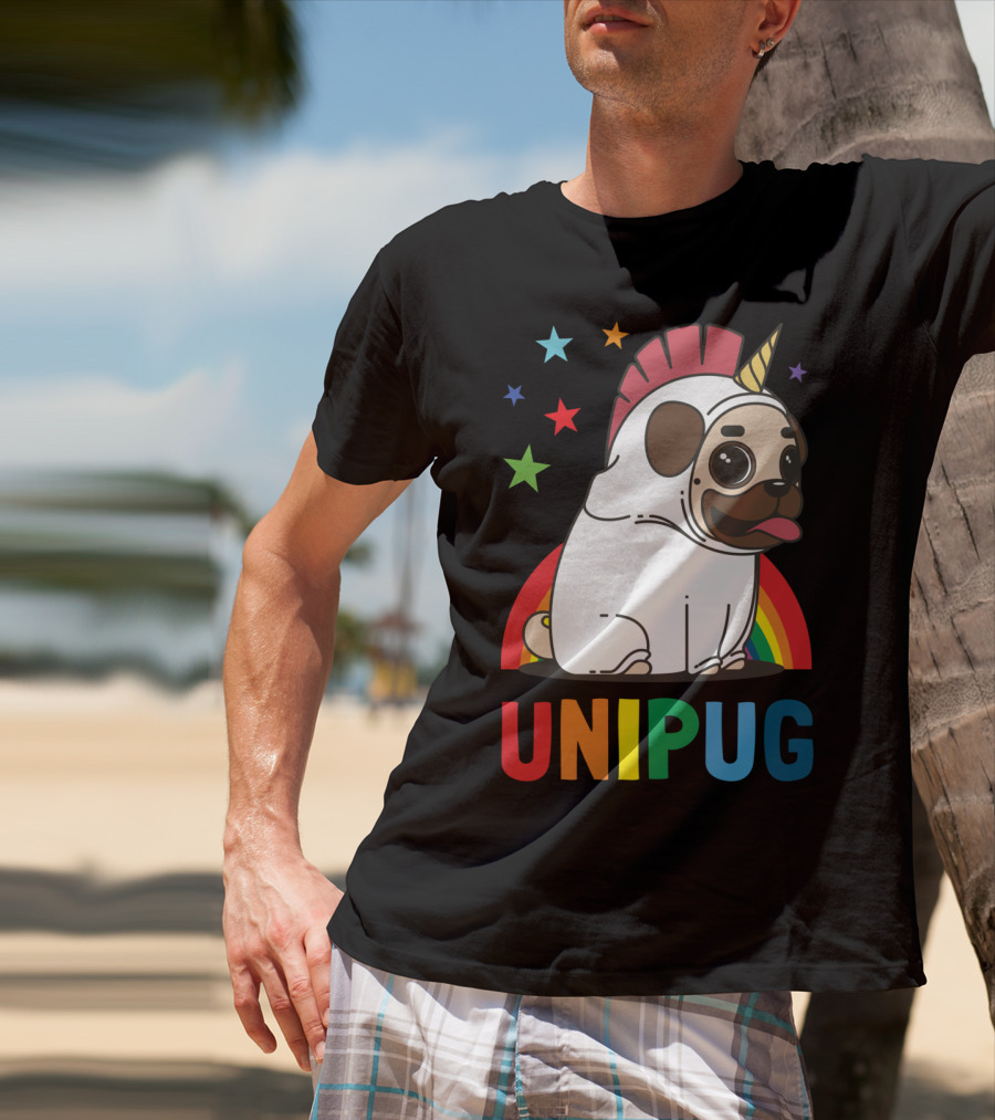 UNIPUG Rainbow Unicorn Pug Dog With Stars T-Shirt