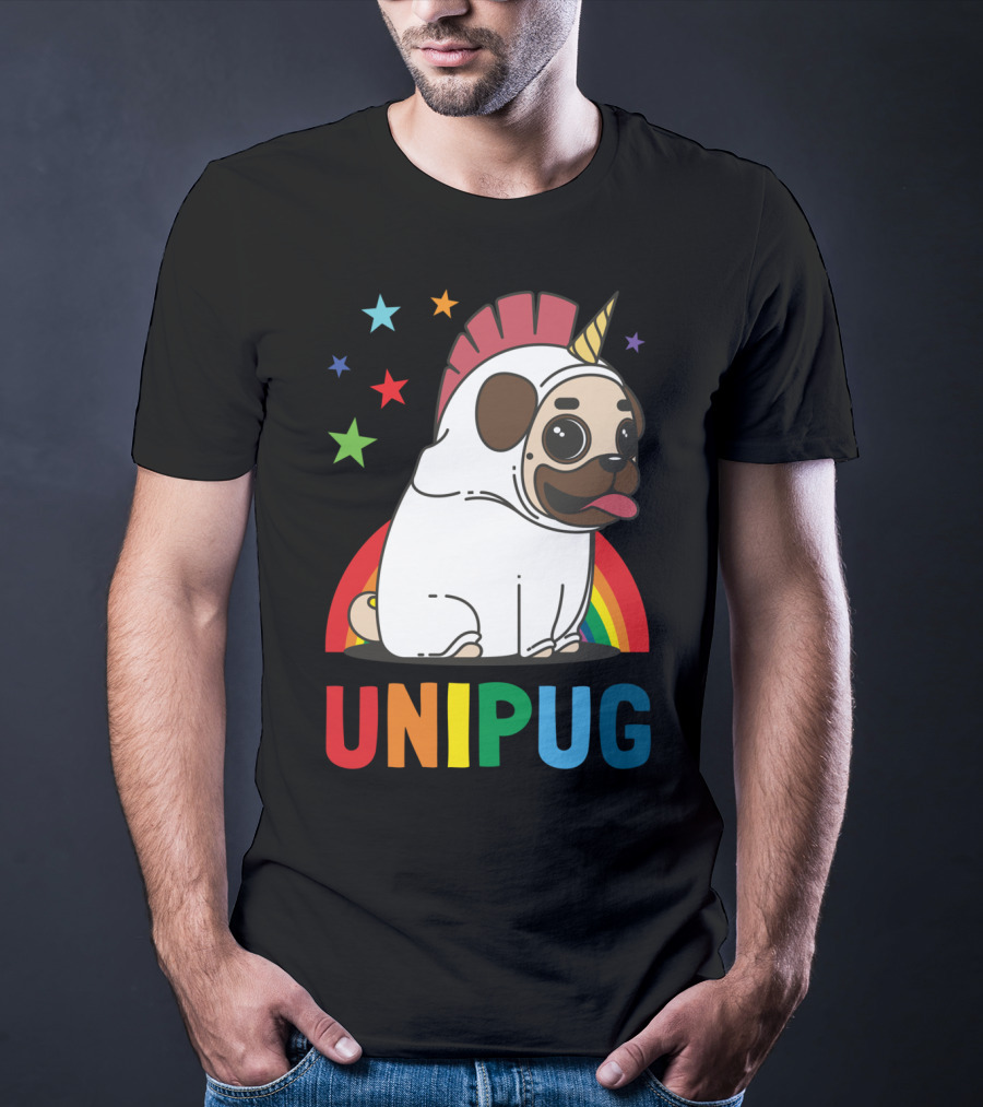 UNIPUG Rainbow Unicorn Pug Dog With Stars T-Shirt