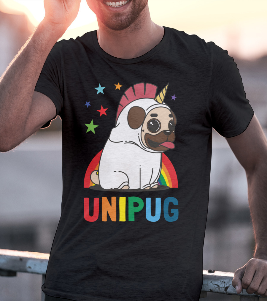 UNIPUG Rainbow Unicorn Pug Dog With Stars T-Shirt