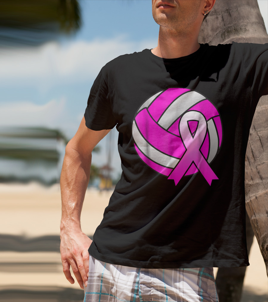Volleyball Pink Ribbon Breast Cancer Awareness Symbol On Ball T-Shirt