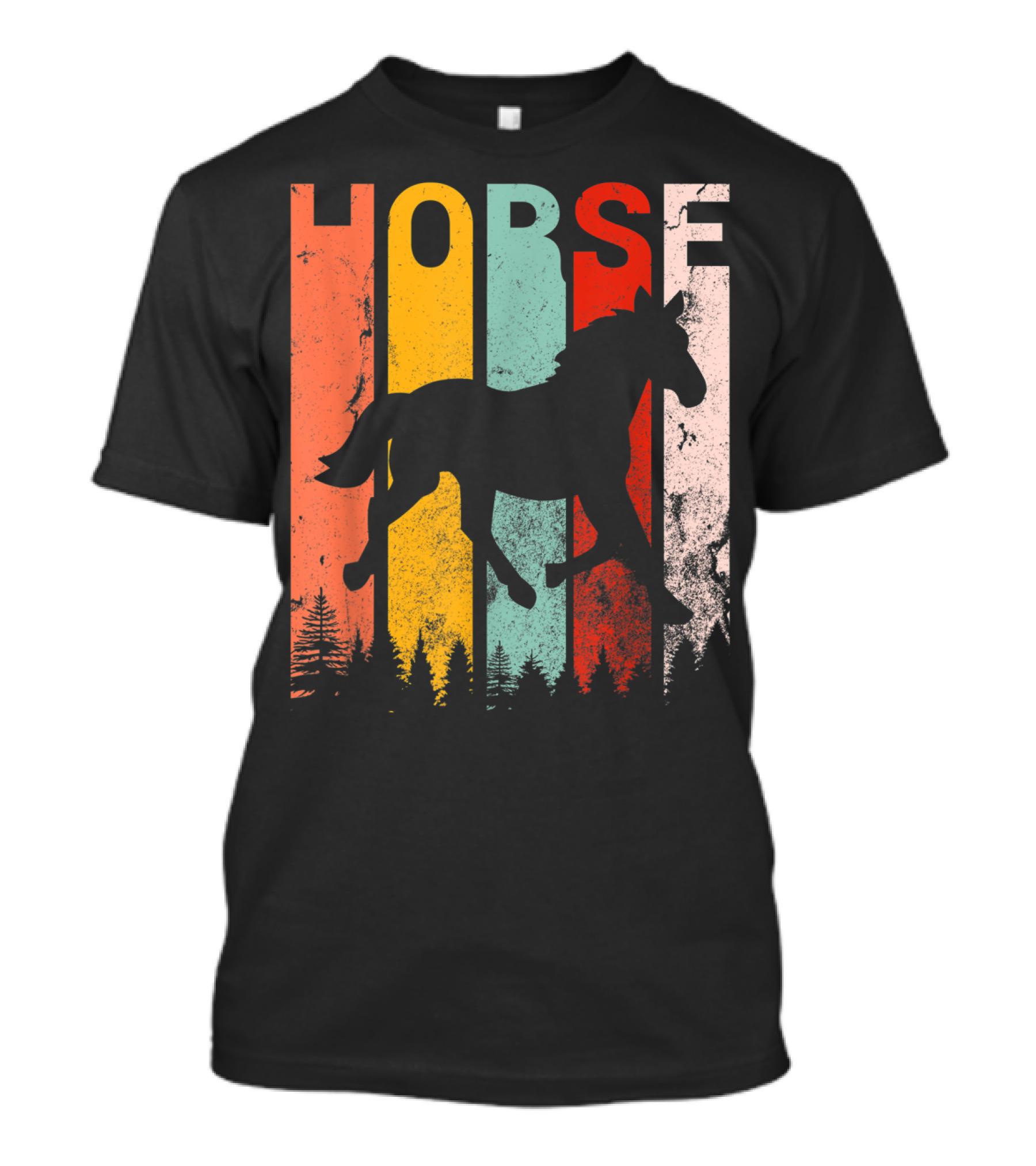Vintage Style Horse Lover Silhouette With Colorful Stripes And Forest T-Shirt