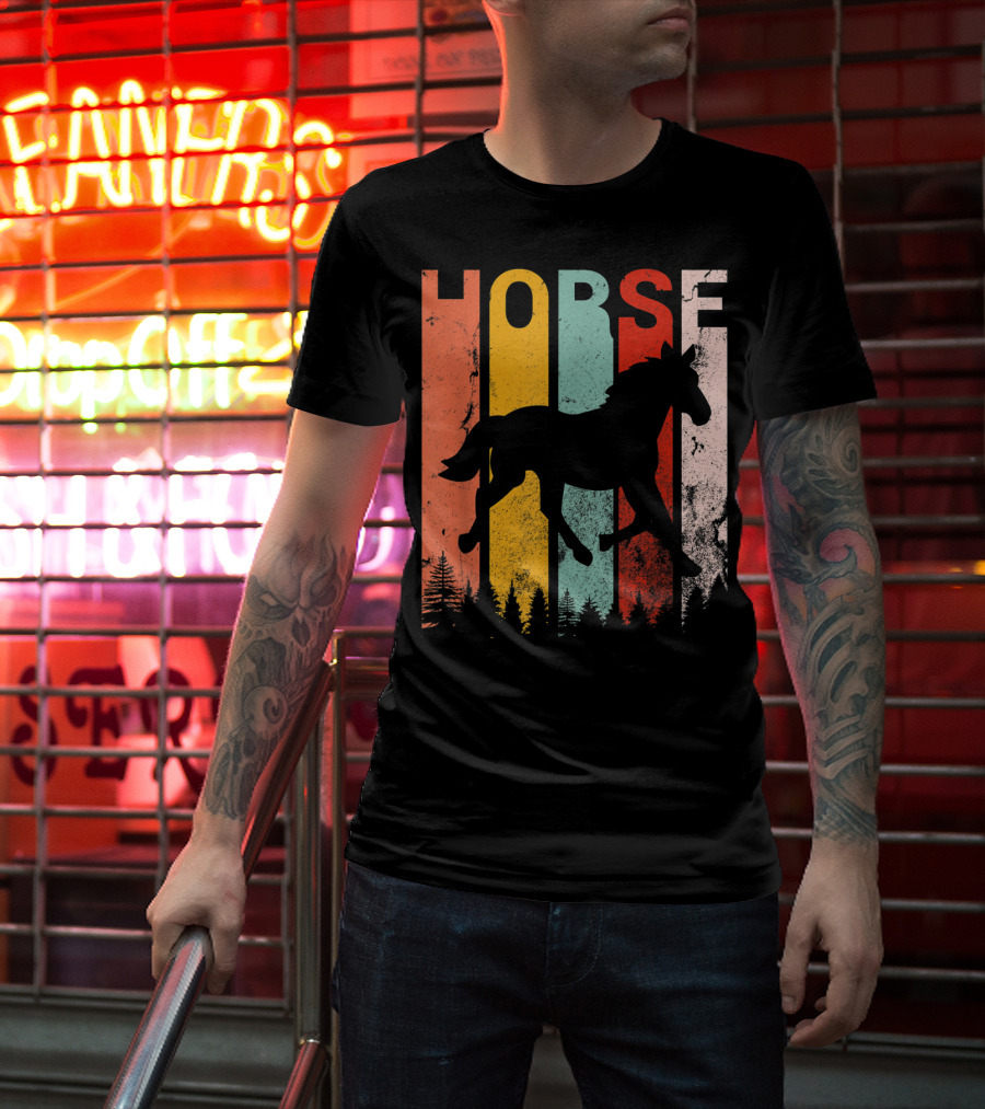 Vintage Style Horse Lover Silhouette With Colorful Stripes And Forest T-Shirt