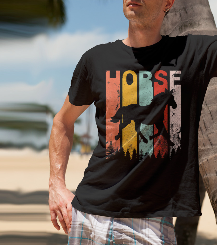 Vintage Style Horse Lover Silhouette With Colorful Stripes And Forest T-Shirt