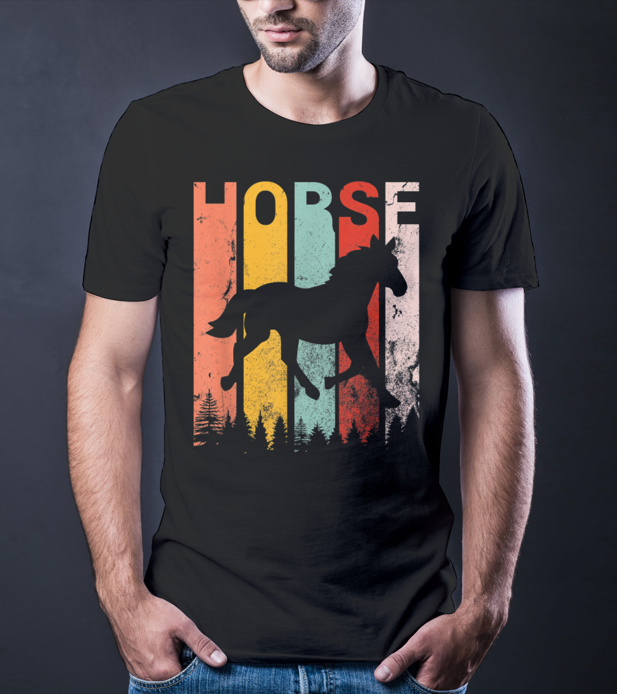 Vintage Style Horse Lover Silhouette With Colorful Stripes And Forest T-Shirt