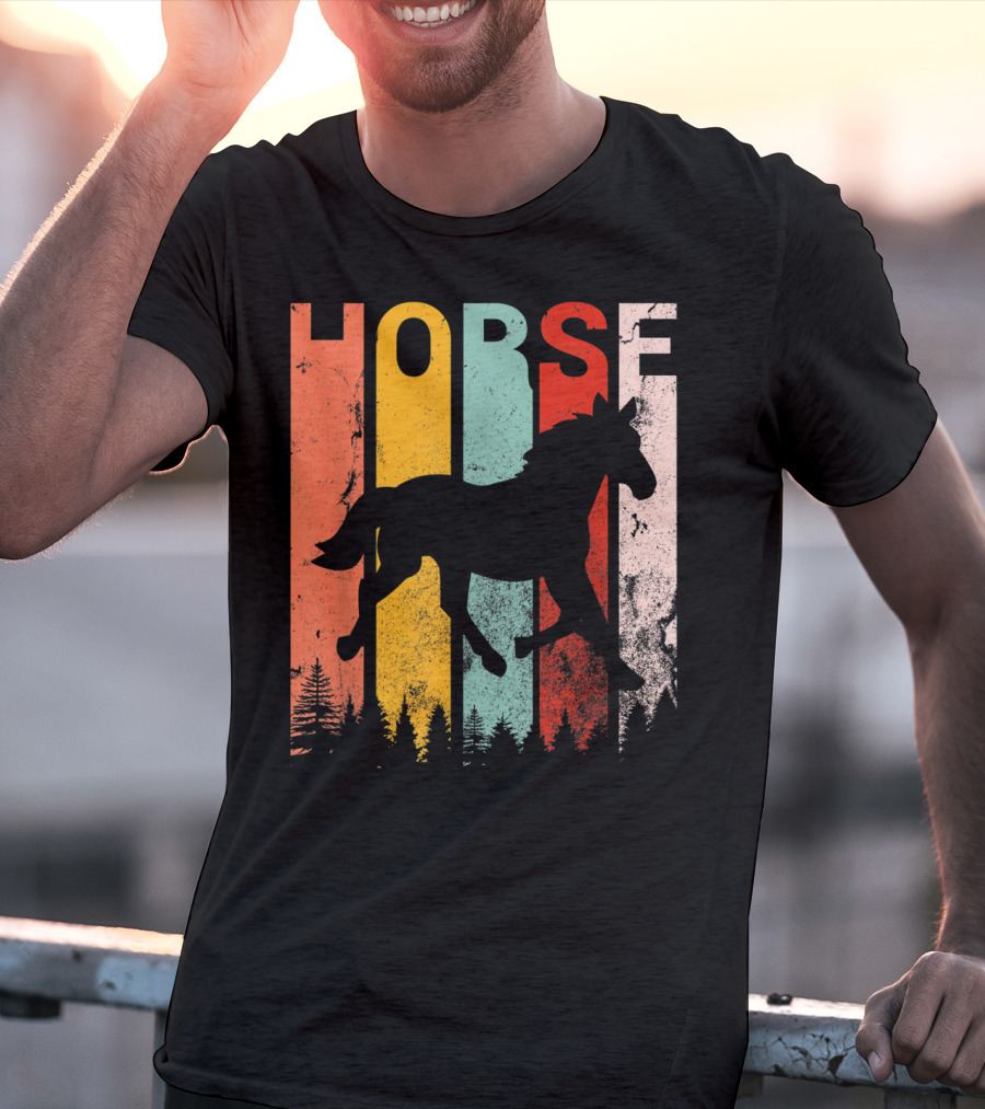 Vintage Style Horse Lover Silhouette With Colorful Stripes And Forest T-Shirt