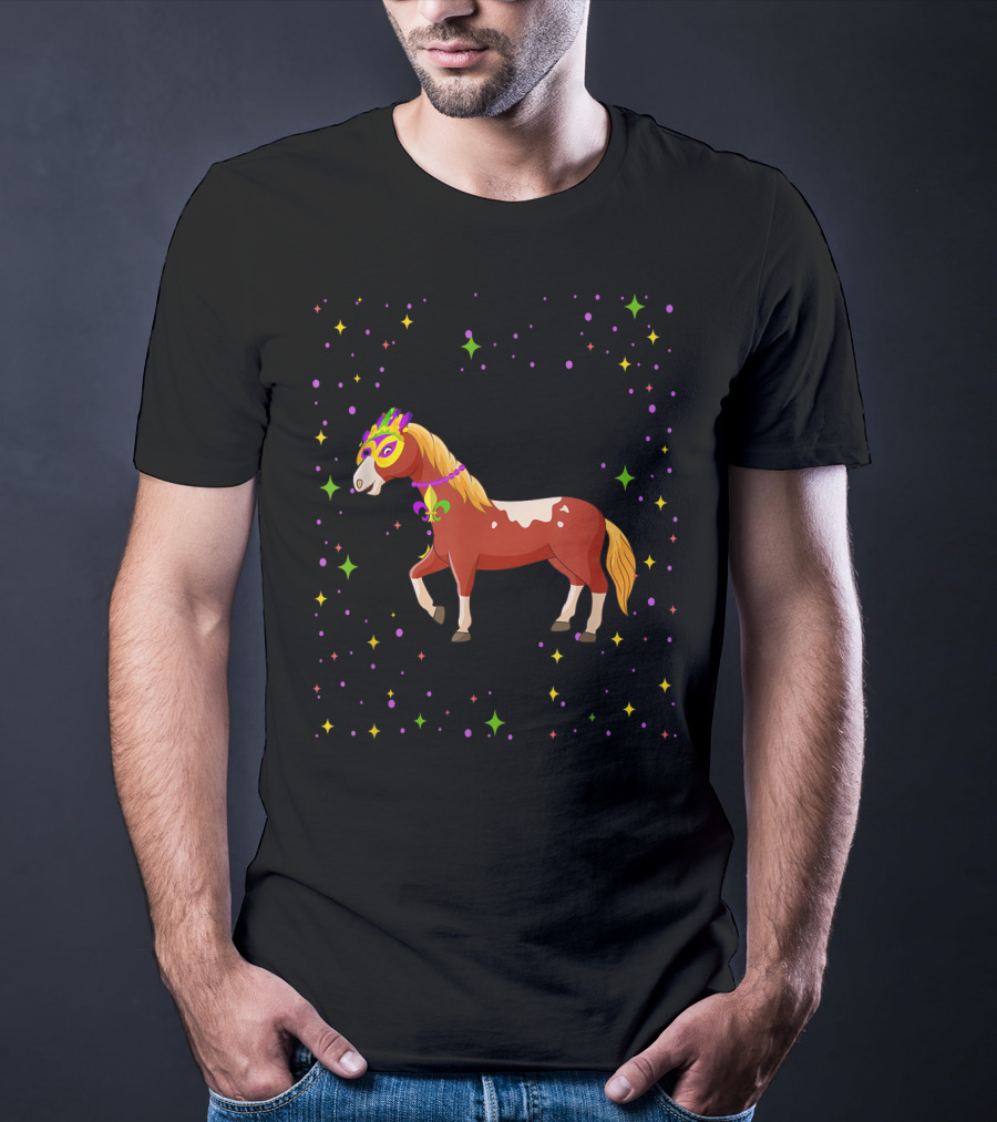 Mardi Gras Horse Wearing Mask And Beads With Colorful Stars T-Shirt