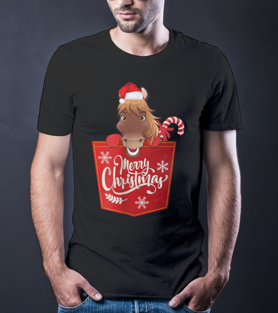 Merry Christmas Santa Hat Horse Candy Cane Funny Pocket T-Shirt