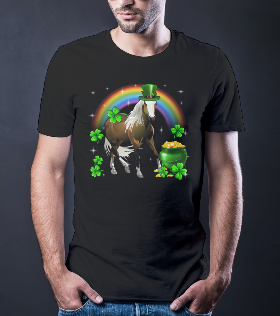 Lucky St Patricks Day Horse With Shamrocks And Rainbow T-Shirt