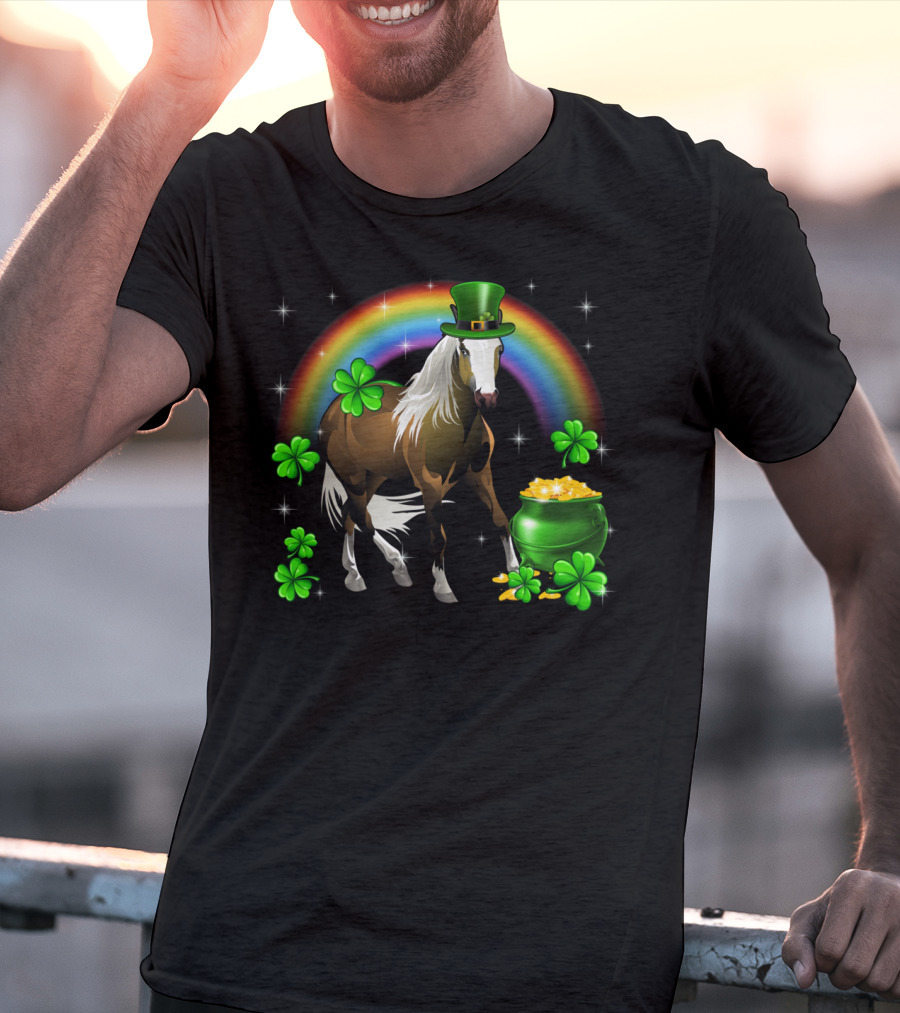 Lucky St Patricks Day Horse With Shamrocks And Rainbow T-Shirt