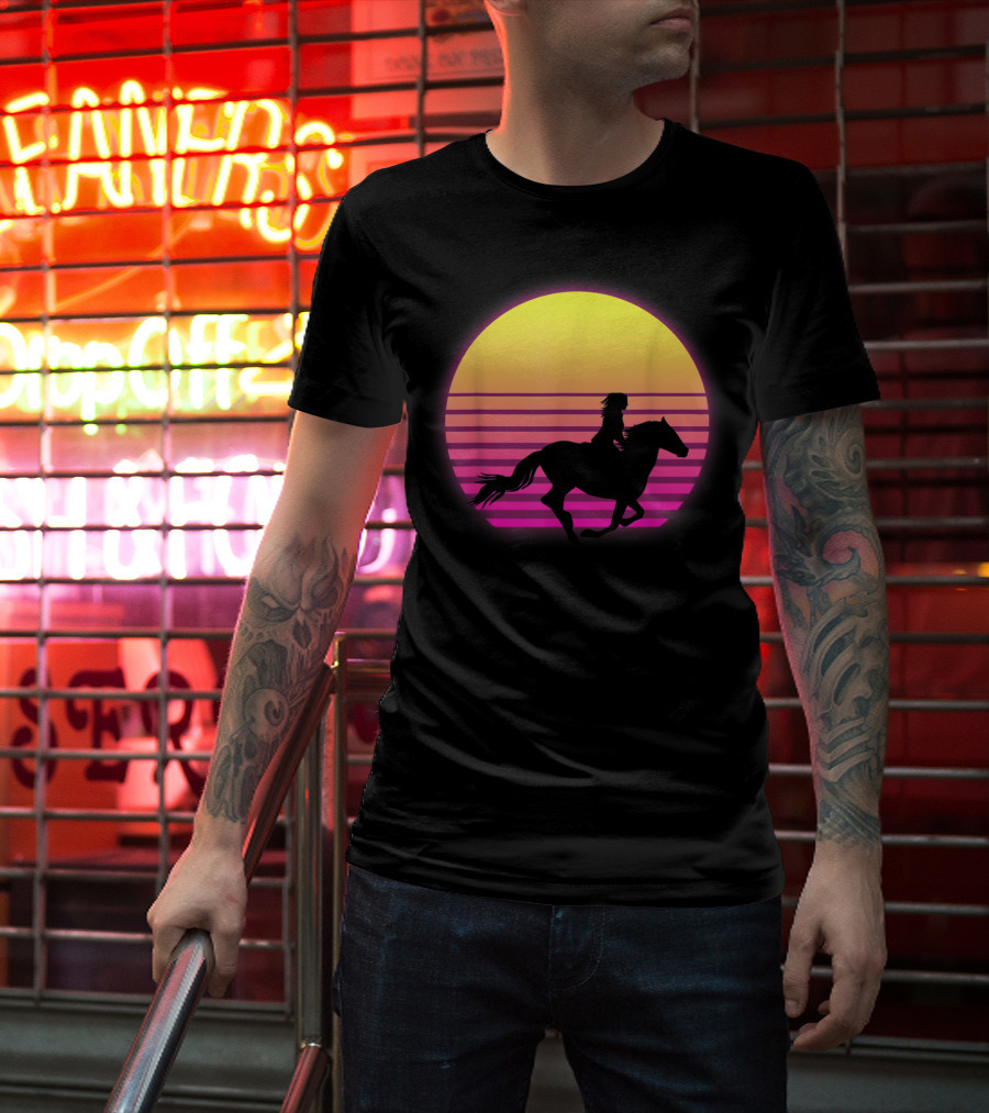 Vintage Sunset Girl Horse Riding Silhouette Retro Cool Horse T-Shirt