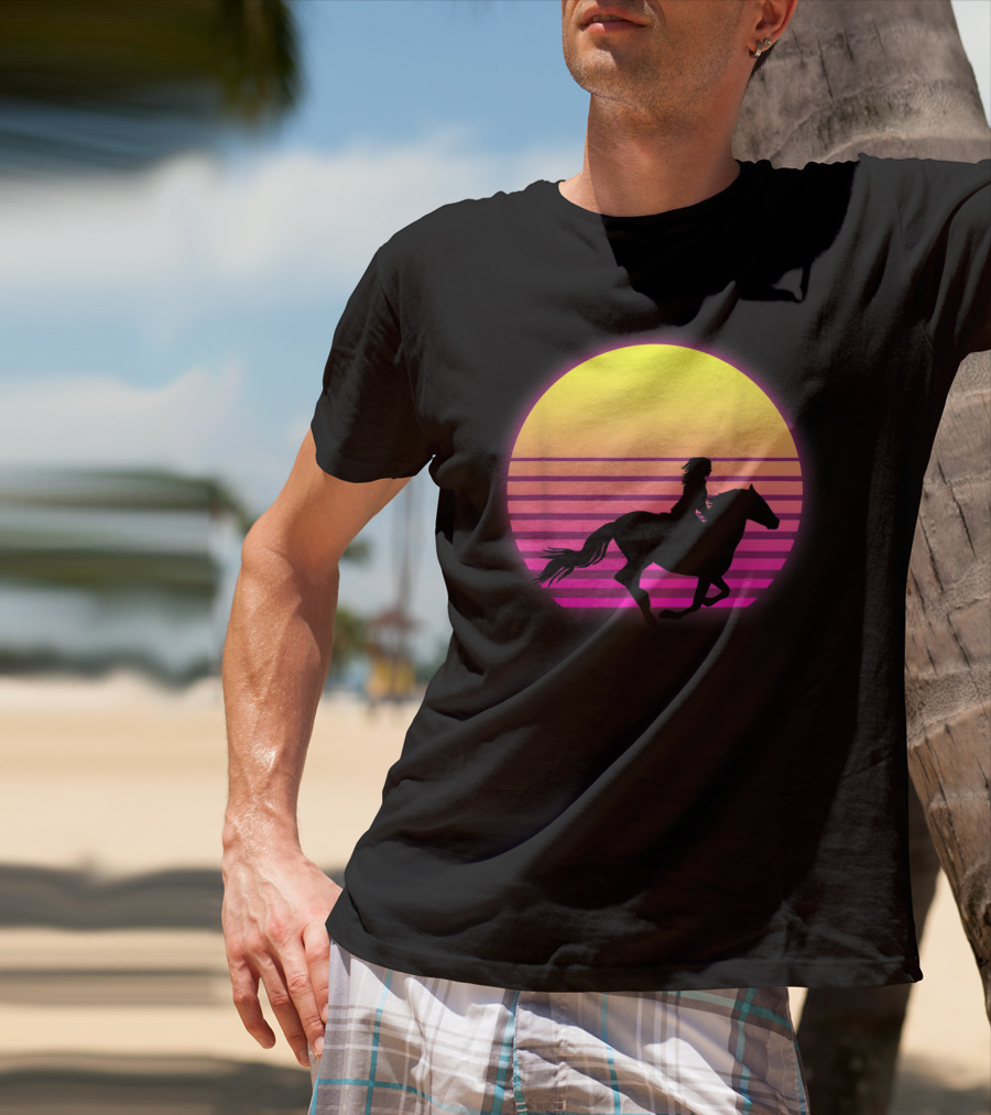 Vintage Sunset Girl Horse Riding Silhouette Retro Cool Horse T-Shirt