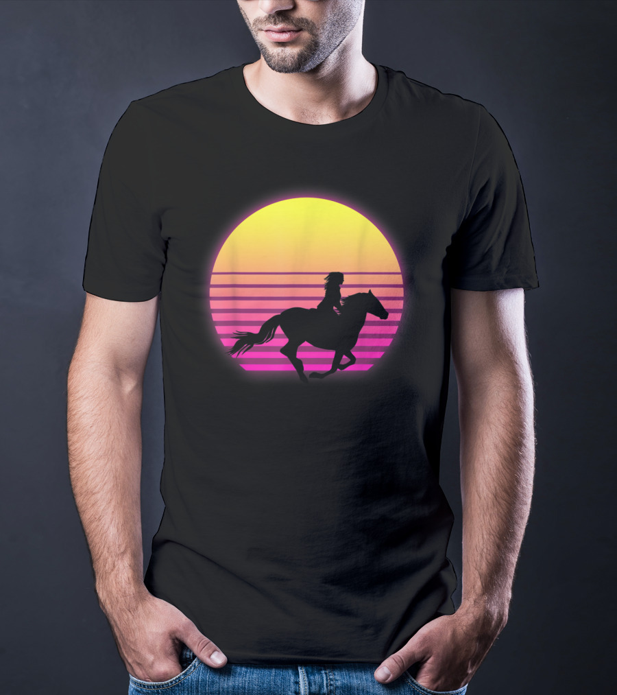 Vintage Sunset Girl Horse Riding Silhouette Retro Cool Horse T-Shirt