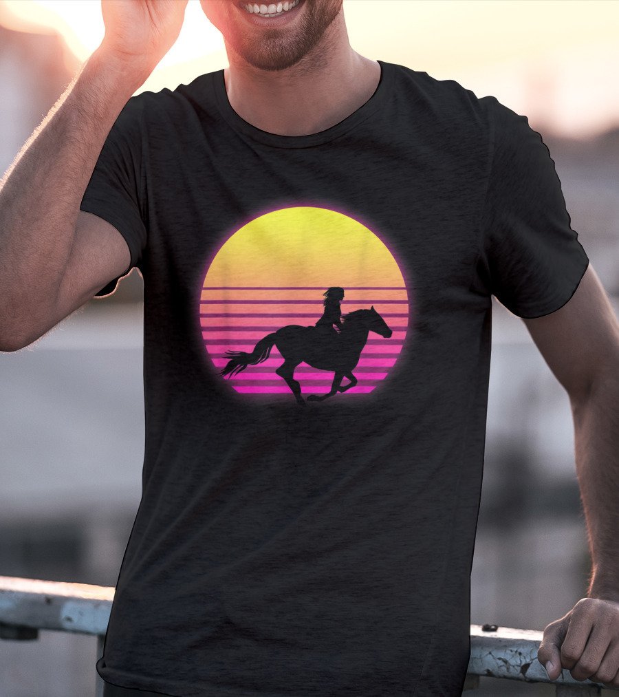 Vintage Sunset Girl Horse Riding Silhouette Retro Cool Horse T-Shirt