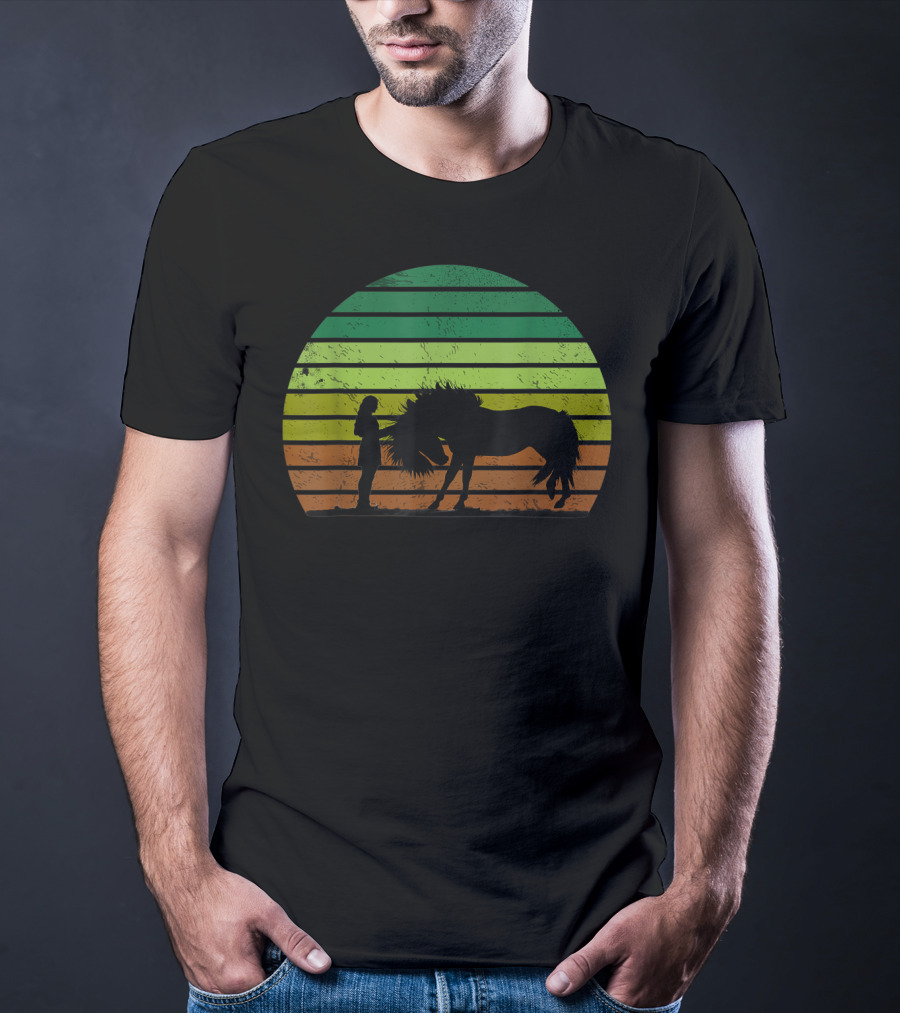 Girl And Horse Silhouette Sunset Stripes T-Shirt