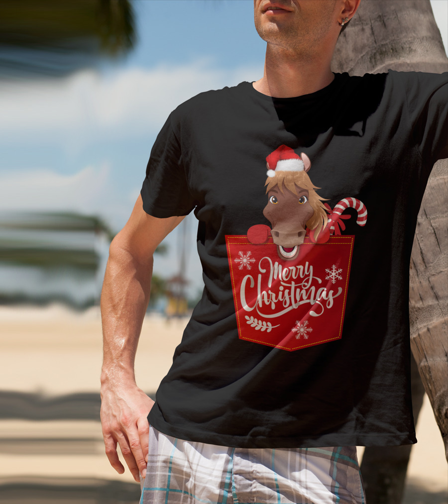 Funny Horse In Santa Hat With Candy Cane Merry Christmas Crewneck T-Shirt