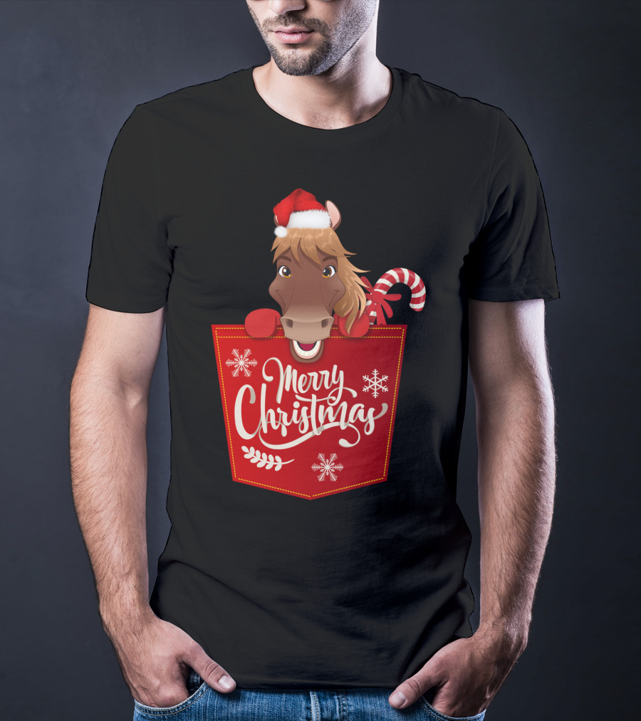 Funny Horse In Santa Hat With Candy Cane Merry Christmas Crewneck T-Shirt
