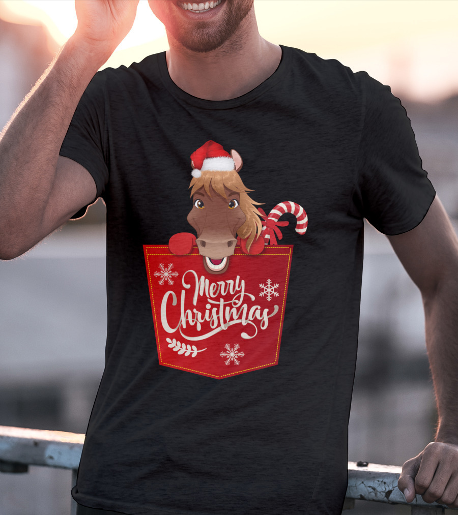 Funny Horse In Santa Hat With Candy Cane Merry Christmas Crewneck T-Shirt