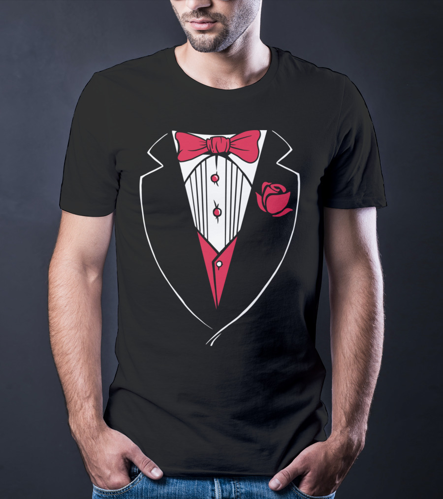 Classic Tuxedo Rose Bowtie Wedding Party Bachelor Costume T-Shirt