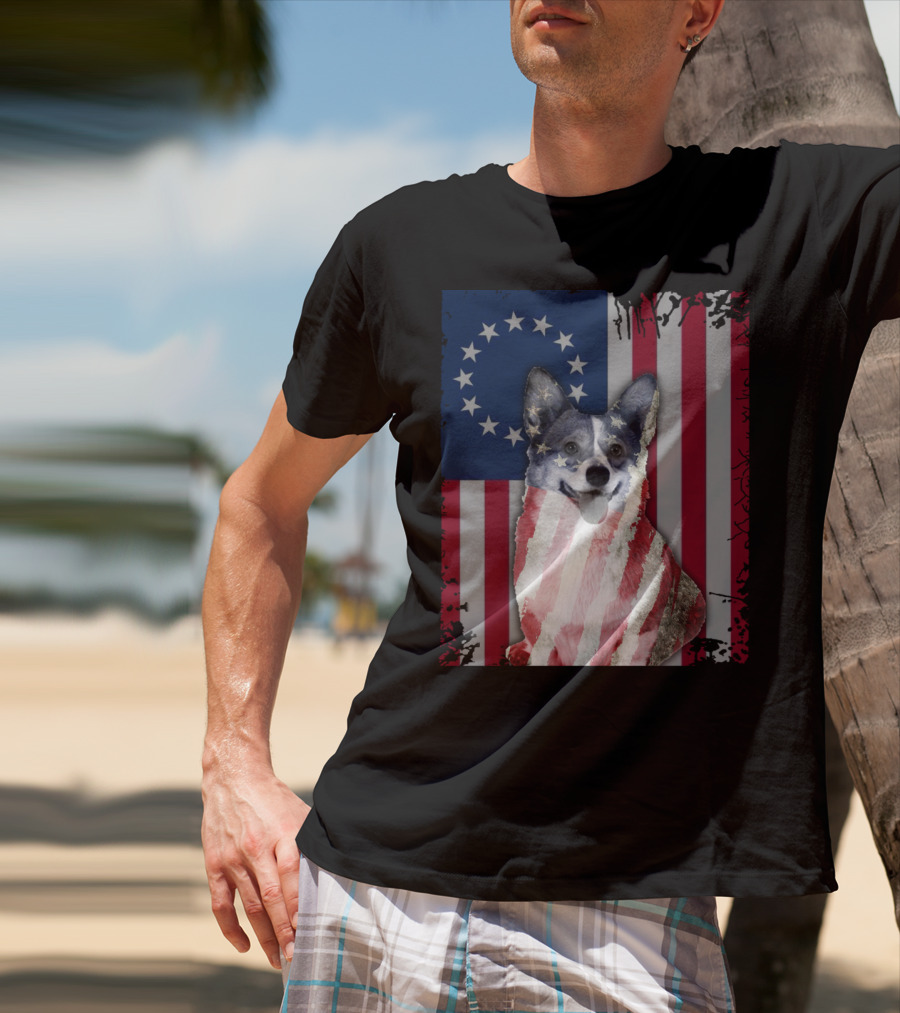 Corgi Betsy Ross US American Flag Costume With Stars And Stripes Background T-Shirt