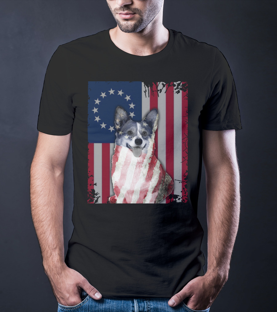 Corgi Betsy Ross US American Flag Costume With Stars And Stripes Background T-Shirt