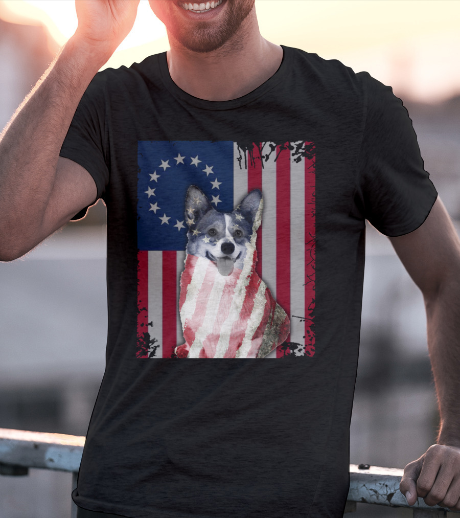 Corgi Betsy Ross US American Flag Costume With Stars And Stripes Background T-Shirt