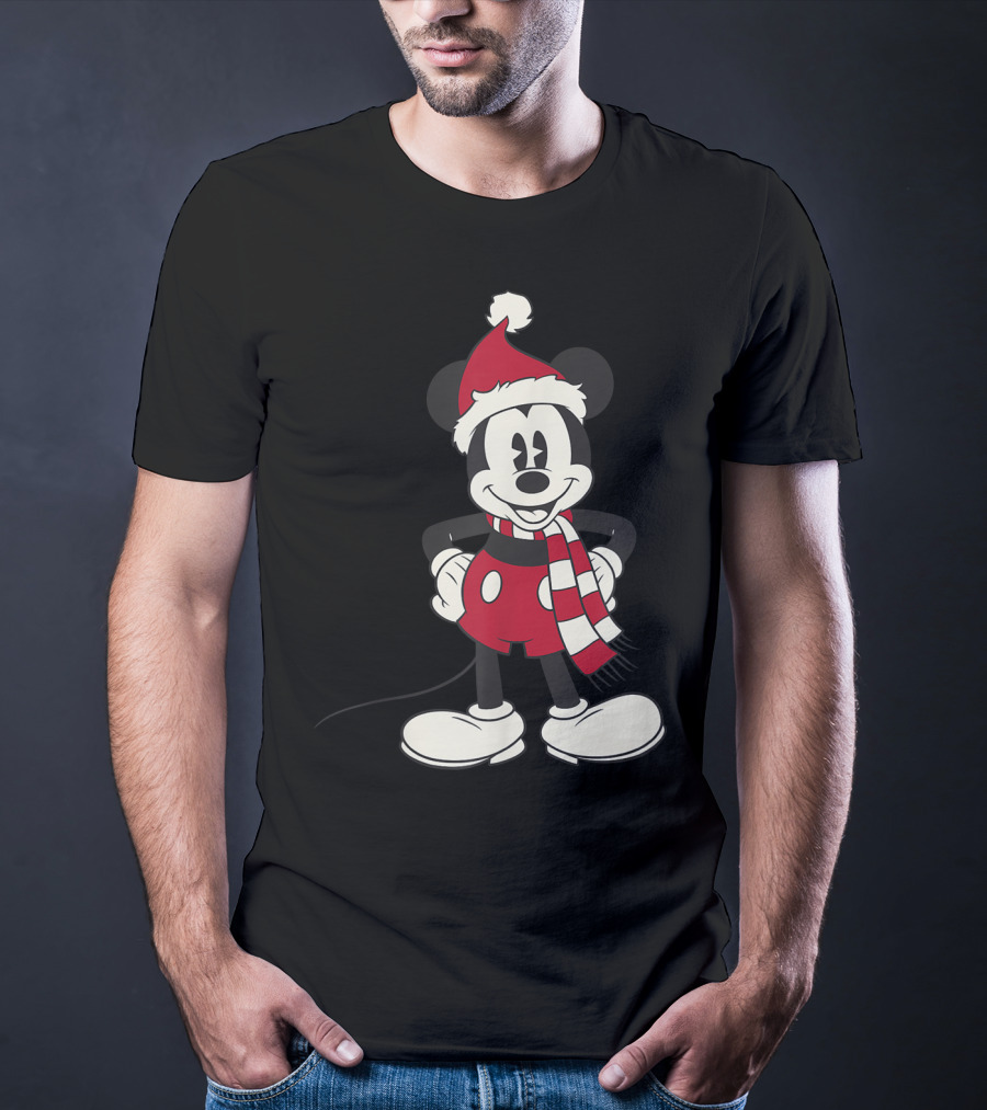 Disney Mickey Mouse Christmas Santa Hat And Scarf T-Shirt