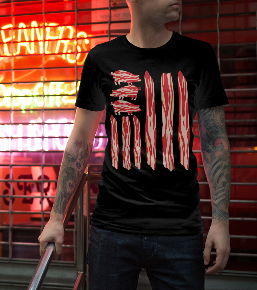Funny Vintage Bacon Flag With Pig T-Shirt