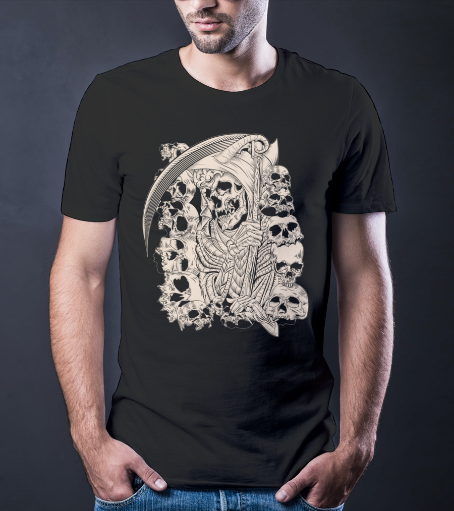 Grim Reaper Skull Scythe Classic Ink Drawing T-Shirt